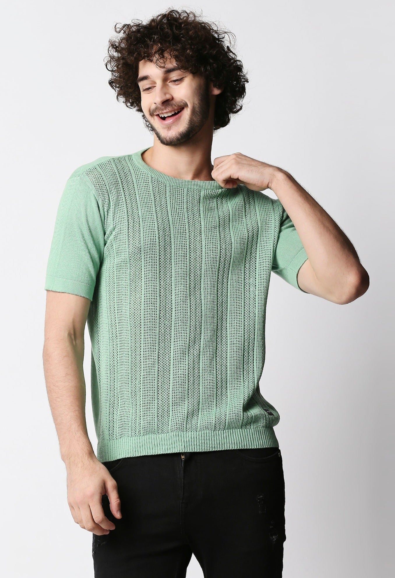 Fostino Green Knitted Crew Neck T-shirt with structure - Fostino - T-Shirts