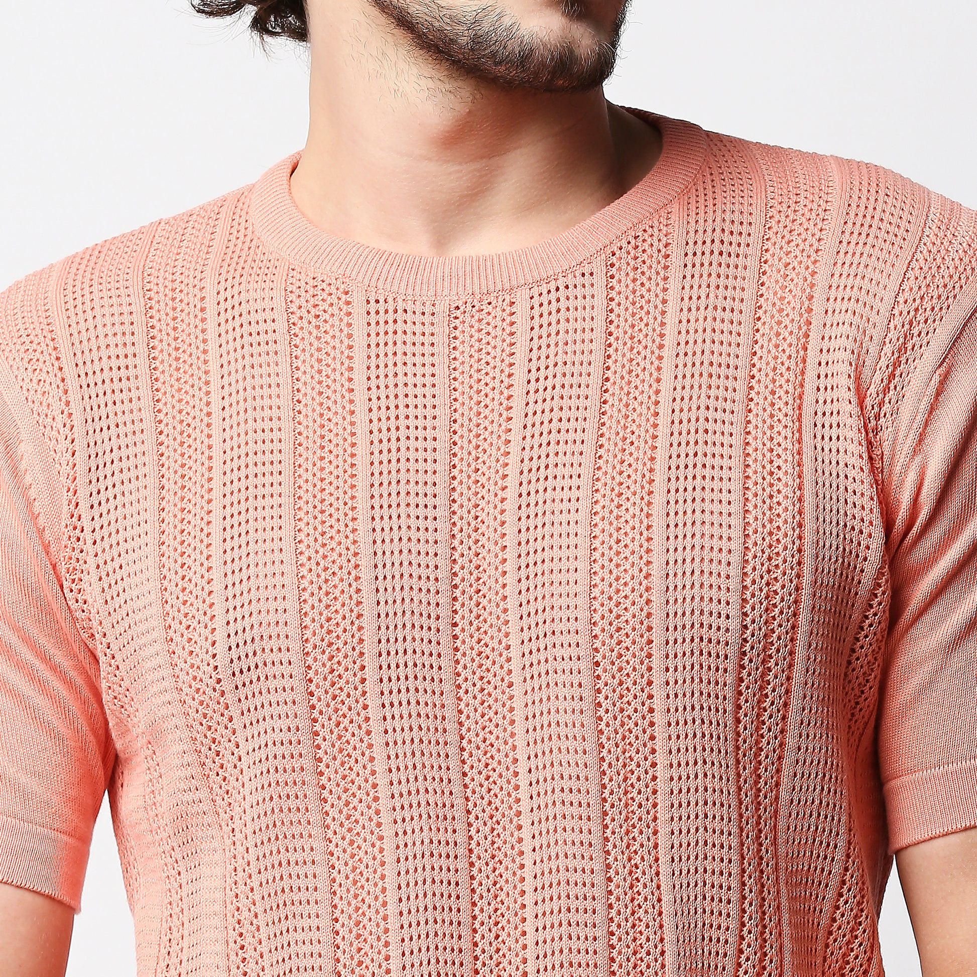 Fostino Peach Pink Knitted Crew Neck T-shirt with structure - Fostino - T-Shirts