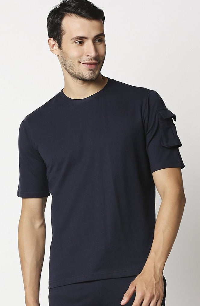 Fostino Ibu Navy Round Neck T-Shirt with Pocket on Arms Sleeves - Fostino - T-Shirts