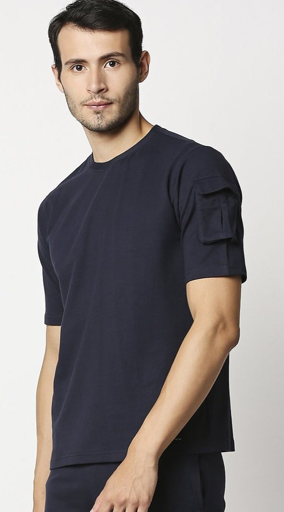 Fostino Ibu Navy Round Neck T-Shirt with Pocket on Arms Sleeves - Fostino - T-Shirts