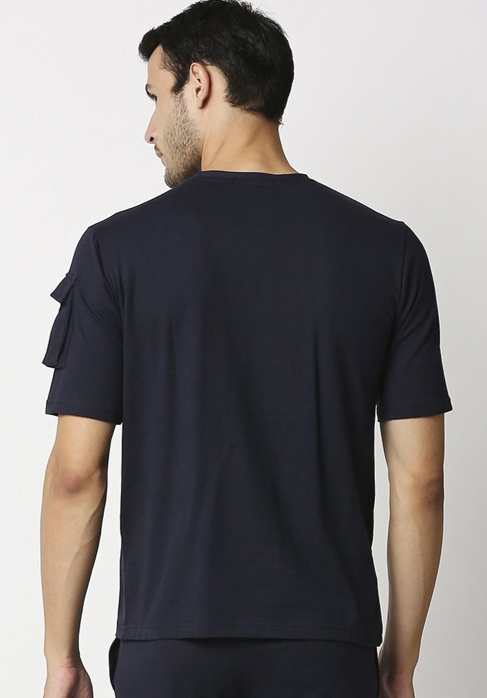 Fostino Ibu Navy Round Neck T-Shirt with Pocket on Arms Sleeves - Fostino - T-Shirts