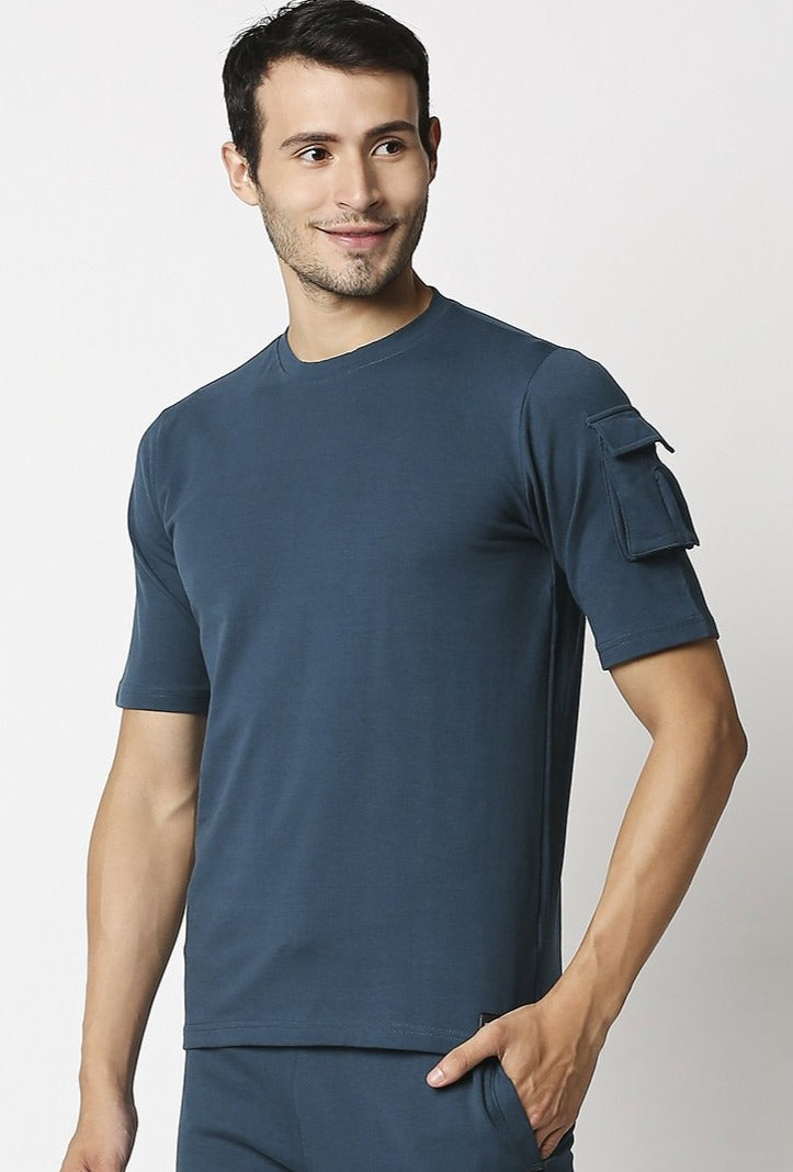 Fostino Ibu Blue Round Neck T-Shirt with Pocket on Arms Sleeves - Fostino - T-Shirts