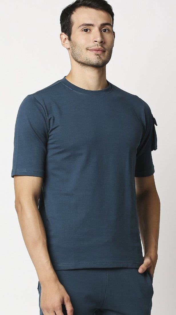 Fostino Ibu Blue Round Neck T-Shirt with Pocket on Arms Sleeves - Fostino - T-Shirts