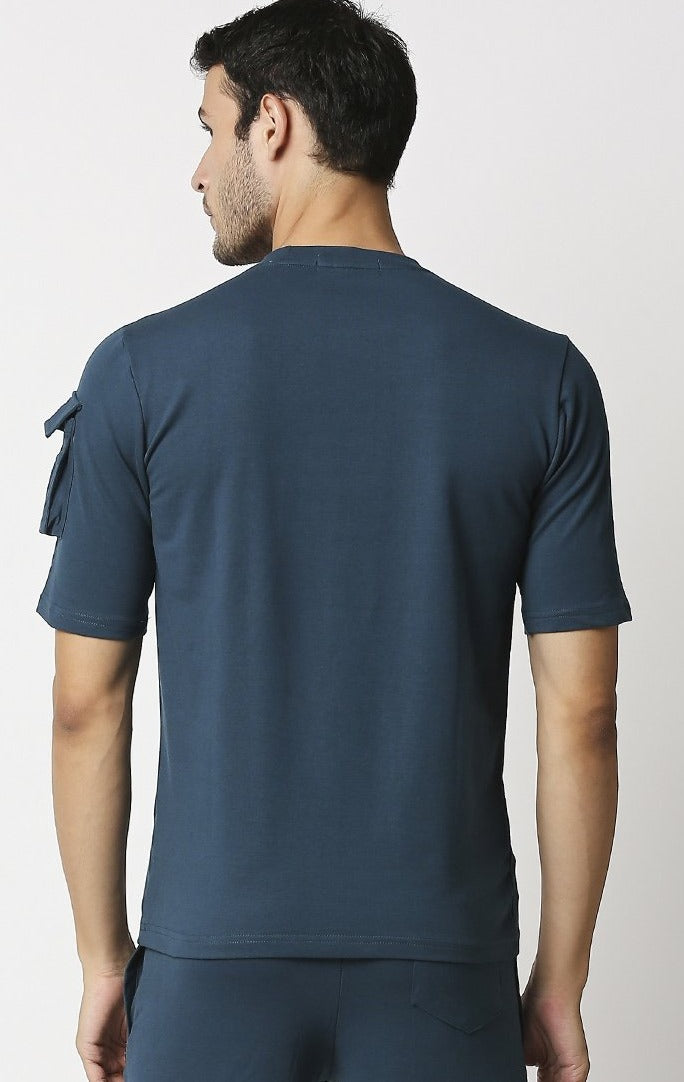 Fostino Ibu Blue Round Neck T-Shirt with Pocket on Arms Sleeves - Fostino - T-Shirts