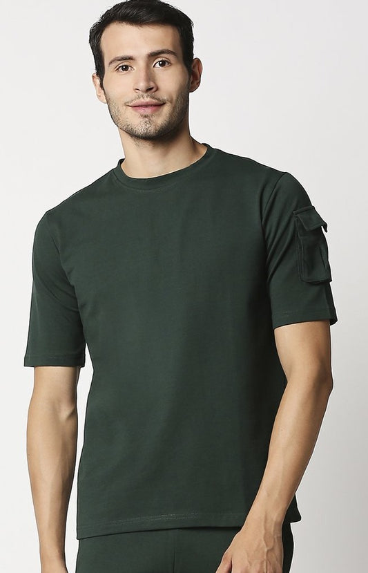 Fostino Ibu Dark Green Round Neck T-Shirt with Pocket on Arms Sleeves - Fostino - T-Shirts