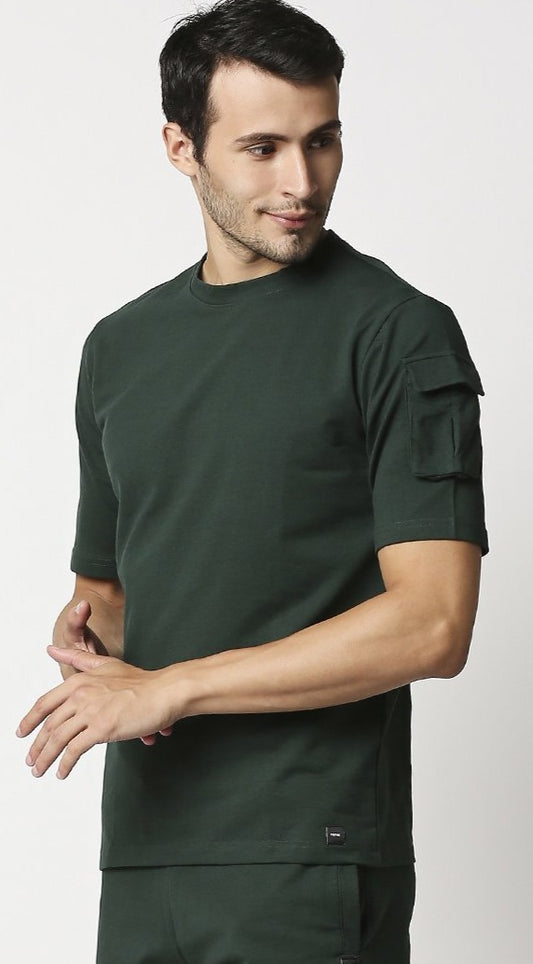 Fostino Ibu Dark Green Round Neck T-Shirt with Pocket on Arms Sleeves - Fostino - T-Shirts