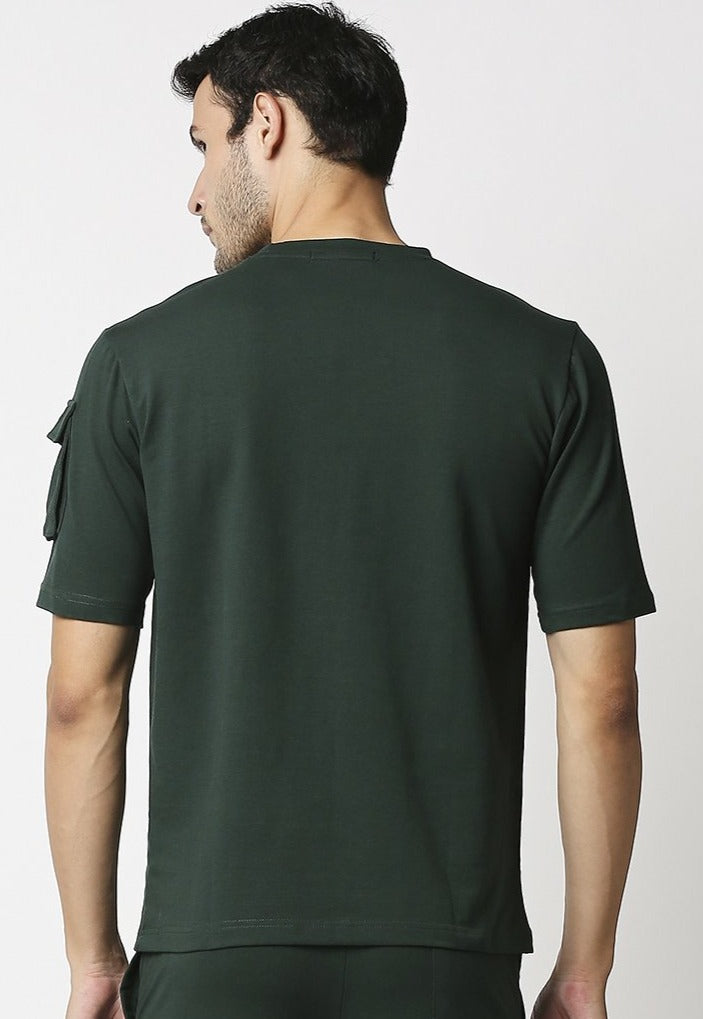 Fostino Ibu Dark Green Round Neck T-Shirt with Pocket on Arms Sleeves - Fostino - T-Shirts