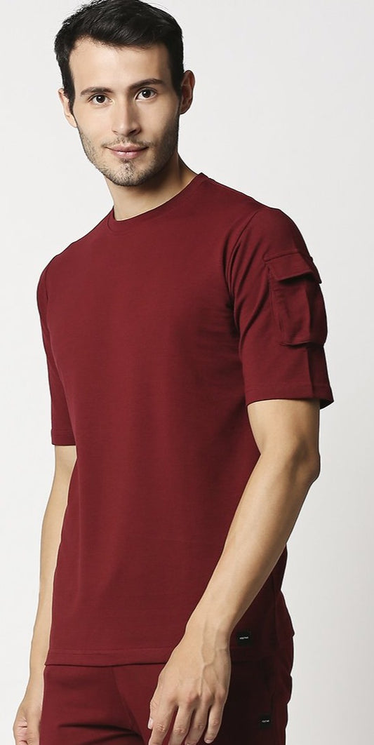 Fostino Ibu Maroon Round Neck T-Shirt with Pocket on Arms Sleeves - Fostino - T-Shirts