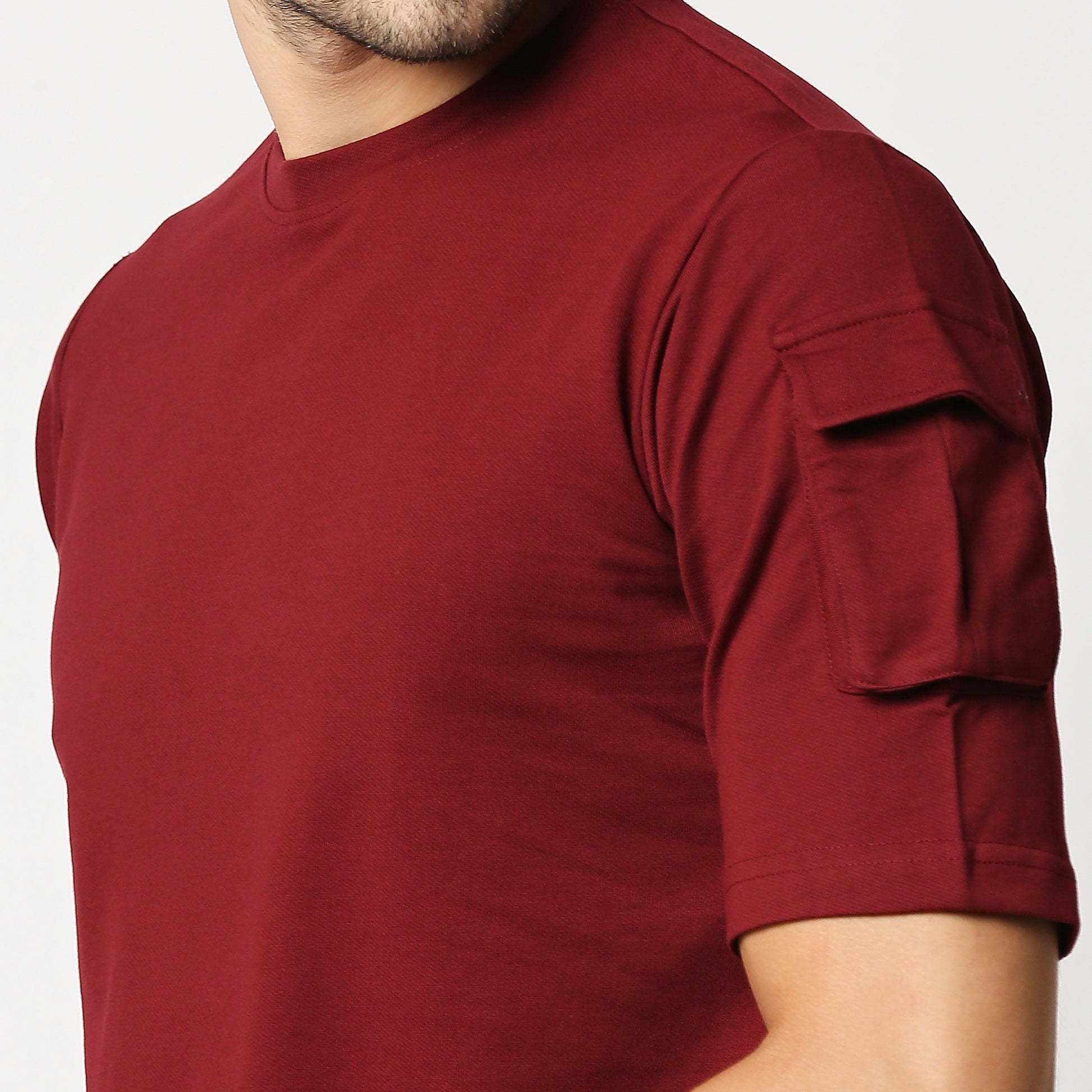 Fostino Ibu Maroon Round Neck T-Shirt with Pocket on Arms Sleeves - Fostino - T-Shirts