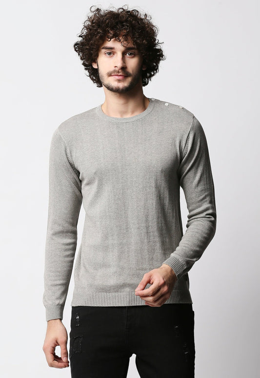 Fostino Grey Knitted Full Sleeves T-shirt with button on one shoulder - Fostino - T-Shirts